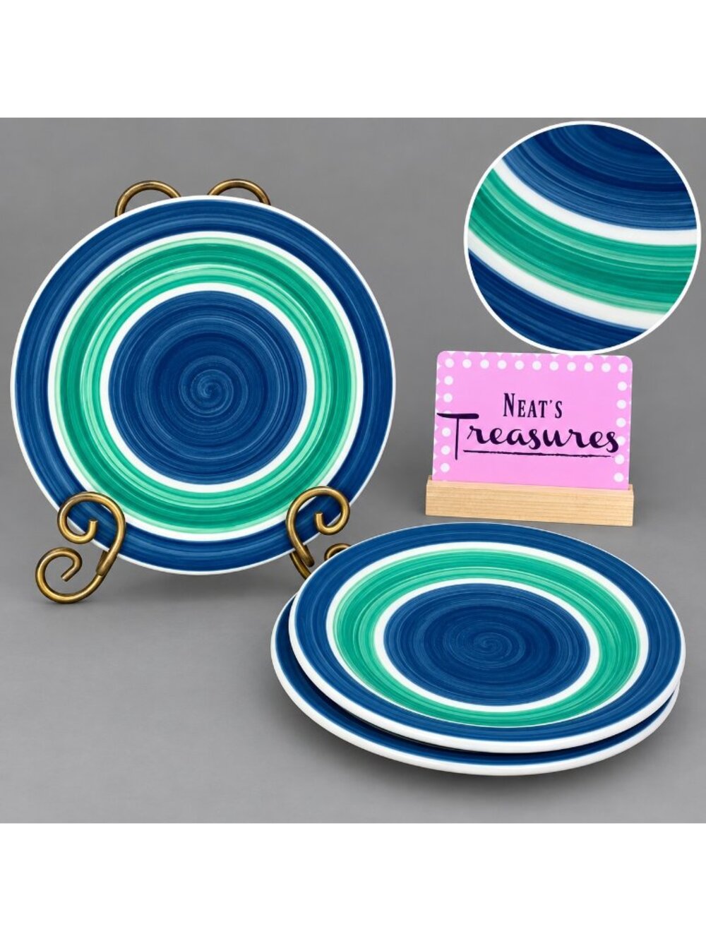 Natural Trends GREEN BLUE BANDS SWRIL Patten Stoneware 7.5" Salad Plates Set 3